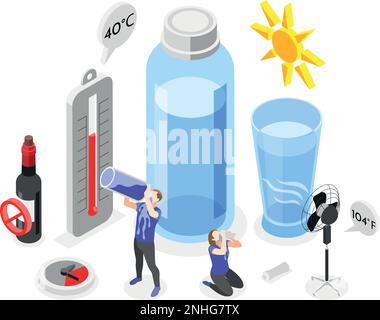 Heat stroke isometric composition with set of water containers sun alcohol prohibition sign thermometer and people vector illustration Stock Vector