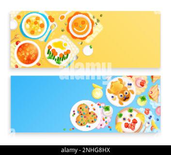 Childish dishes food design flat set of two horizontal banners with top views of served food vector illustration Stock Vector
