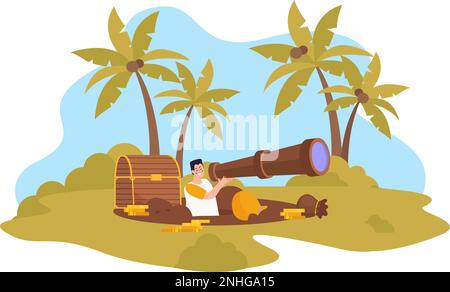Flat treasure hunt composition with adventurer looking through spyglass near excavated chest with gold vector illustration Stock Vector