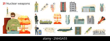 Nuclear war flat composition set with ballistic missiles explosion destroyed houses military men isolated vector illustration Stock Vector