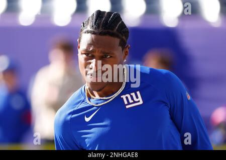 New York Giants cornerback Darnay Holmes (30) warms up before playing  against the Houston Texans in an NFL football game, Sunday, Nov. 13, 2022,  in East Rutherford, N.J. (AP Photo/John Minchillo Stock