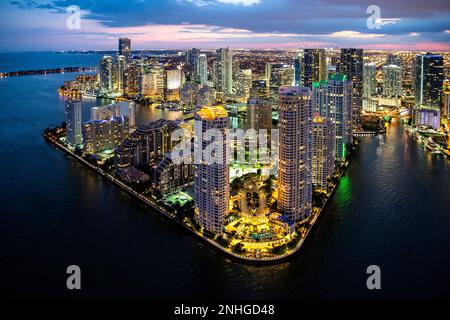 Brickell Key and Downtown,Mandarin Oriental and Intercontinental Hotel, Aerial View,Miami,South Florida,Dade,Florida,USA Stock Photo