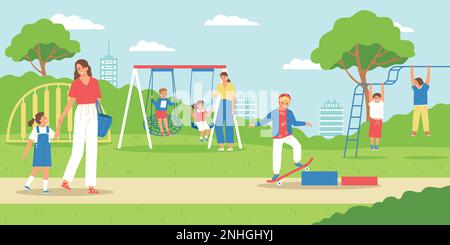 Children parents playground composition playground in the park where children can skateboard walk and swing vector illustration Stock Vector