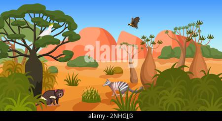 Australian wildlife landscape with animals and birds among tropical trees and plants flat vector illustration Stock Vector