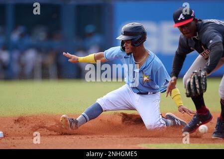 FCL Rays catcher Felix Salguera (86) rounds the bases after hitting a home  run during a Florida Complex League baseball game against the FCL Orioles  on July 14, 2022 at Ed Smith