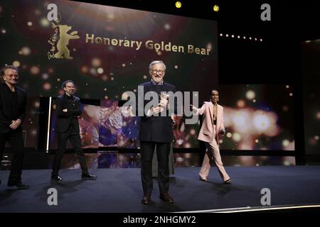 Steven Spielberg on stage at Honorary Golden Bear Award and homage for Steven Spielberg during the 73rd Berlinale International Film Festival Berlin a Stock Photo