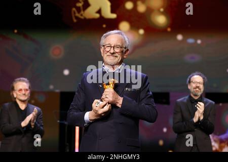 Steven Spielberg on stage at Honorary Golden Bear Award and homage for Steven Spielberg during the 73rd Berlinale International Film Festival Berlin a Stock Photo