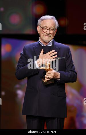 Steven Spielberg on stage at Honorary Golden Bear Award and homage for Steven Spielberg during the 73rd Berlinale International Film Festival Berlin a Stock Photo