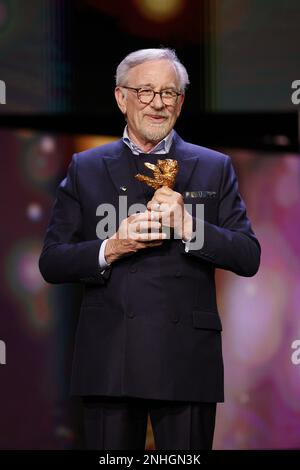 Steven Spielberg on stage at Honorary Golden Bear Award and homage for Steven Spielberg during the 73rd Berlinale International Film Festival Berlin a Stock Photo