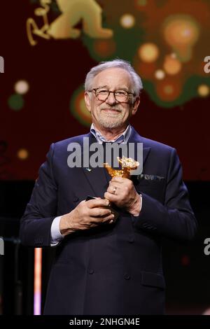 Steven Spielberg on stage at Honorary Golden Bear Award and homage for Steven Spielberg during the 73rd Berlinale International Film Festival Berlin a Stock Photo