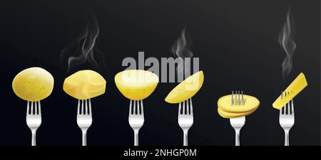 Potatoes on fork realistic set with isolated images of metal forks with freshly cooked smoky potatoes vector illustration Stock Vector