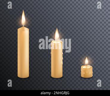 Melting candles set with isolated realistic images stick shaped candles with burning fire on transparent background vector illustration Stock Vector