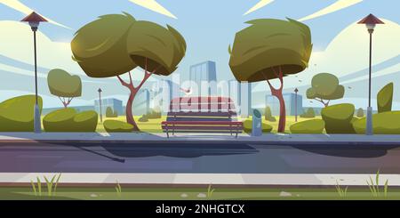 City park lane with front view of bench bird green trees and cityscape in background cartoon vector illustration Stock Vector