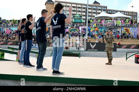 U.S. Military recruits are sworn in during halftime on Salute to Service  military appreciation day at an NFL football game between the Jacksonville  Jaguars and the Las Vegas Raiders, Sunday, Nov. 6