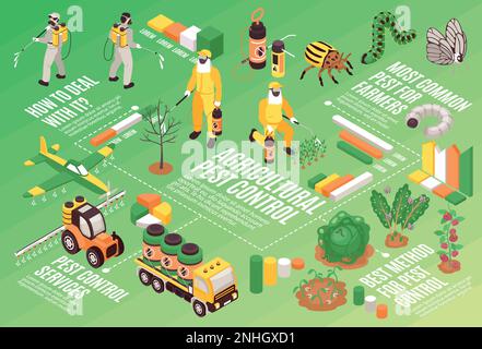 Isometric pest control flowchart with farm workers and agricultural equipment vector illustration Stock Vector