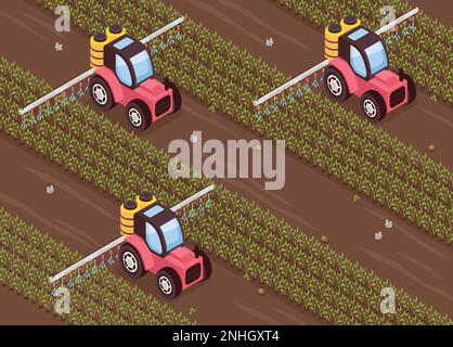 Isometric pest control concept with agricultural machines spraying the field vector illustration Stock Vector