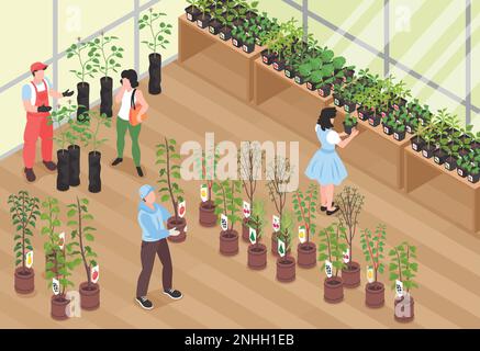 Isometric nursery garden concept with people buing plants vector illustration Stock Vector