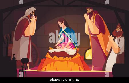 Jusus Christh birht cartoon scene with Virgin Mary and Joseph vector illustration Stock Vector