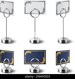 Premium place cards for seating guests on metal holders in vintage style realistic set isolated on white background vector illustration Stock Vector