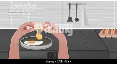 Eggs cook realistic composition morning cooking eggs in the kitchen in frying pan vector illustration Stock Vector