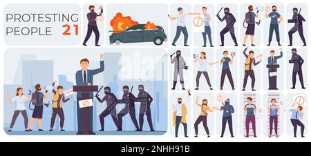 Protest revolution flat composition set figures of police officers in protective uniforms with shields and protesters with placards a burning car vect Stock Vector