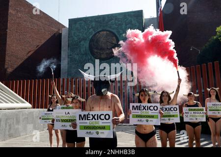 Mexico City, Mexico. 21st Feb, 2023. The organization Animal Heroes sues lawmakers to ban bullfighting in Mexico, at a protest outside the Chamber of Deputies in Mexico City. on February 21, 2023 in Mexico City, Mexico (Credit Image: © Author/eyepix via ZUMA Press Wire) EDITORIAL USAGE ONLY! Not for Commercial USAGE! Stock Photo