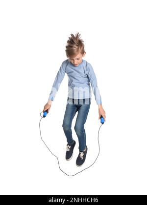 Cute little boy with jump rope on white background Stock Photo