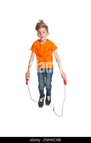 Cute little boy with jump rope on white background Stock Photo