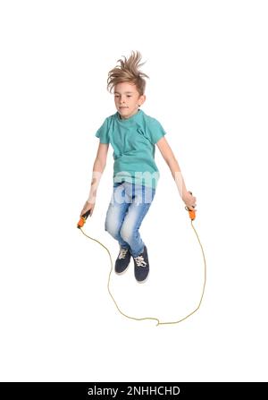 Cute little boy with jump rope on white background Stock Photo