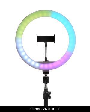 Tripod with ring light isolated on white Stock Photo