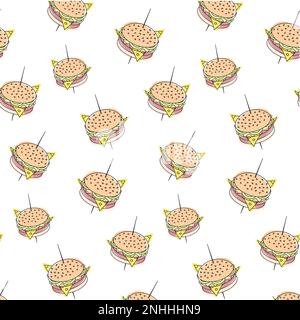 Seamless pattern of Outline image of a hamburger with spots in trendy hues. Happy Hamburger day. Design for greeting or card, web, wallpaper or poster, banner or label, price tag. Isolate. Vector. EPS Stock Vector