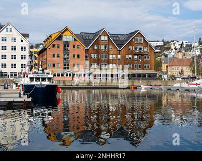 A view of the water front in the city of Tromsø, located 217 miles north of the Arctic Circle, Norway. Stock Photo