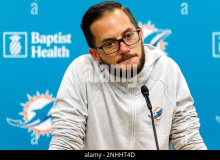 Miami Dolphins new NFL football team head coach Mike McDaniel holds his  daughter Ayla June, 16-months, as he sits beside his wife Katie McDaniel at  an introductory press conference, Thursday, Feb. 10