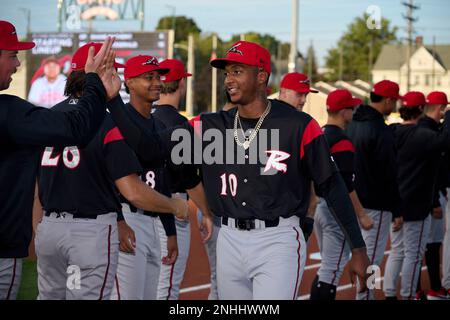 Richmond Flying Squirrels Marco Luciano (10) high fives teammates during  introductions before an Eastern League baseball playoff game against the  Erie SeaWolves on September 20, 2022 at UPMC Park in Erie, Pennsylvania. (