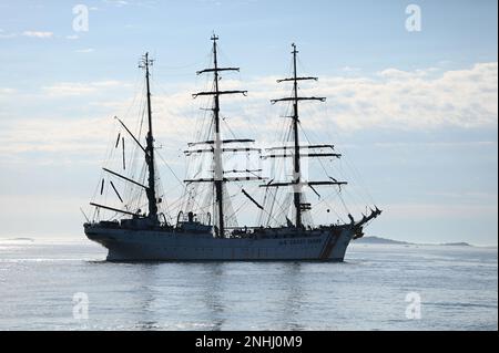 The Coast Guard Cutter Eagle sits at anchorage outside of the Boston Harbor in Boston, Massachusetts on July 29, 2022. The crew of the Eagle visited the Boston area from July 29 - August 1, giving free tours to the public to promote the missions and recruitment of the coast guard. Stock Photo