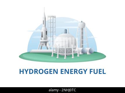 Green hydrogen energy fuel generation cartoon background composition with text and industrial buildings with rocket pad vector illustration Stock Vector