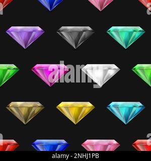 Vector Seamless Pattern with Multi Colored 3d Realistic Transparent Triangle Glowing Gemstones, Diamonds, Crystals, Rhinestones Closeup on Black Stock Vector