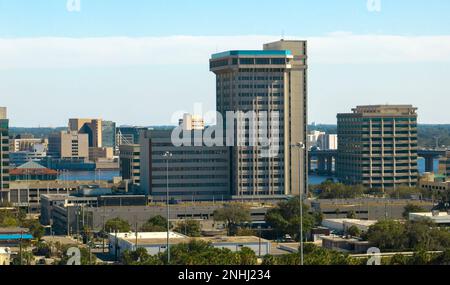 Aerial view of Jacksonville city with high office buildings. View from above of USA glass and steel high skyscraper architecture in modern american mi Stock Photo
