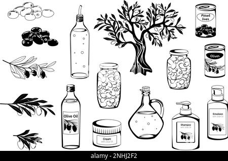Olives monochrome flat icon set bottles with oil trees branches and cosmetics vector illustration Stock Vector