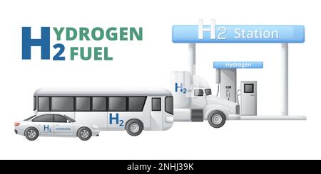 Green hydrogen energy fuel generation cartoon composition with text and images of car bus and truck vector illustration Stock Vector