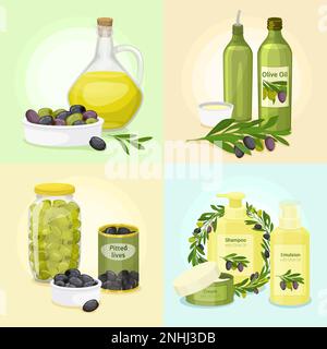 Four squares with olives flat colored icon set oil bottles green and black olives branches and cosmetics vector illustration Stock Vector