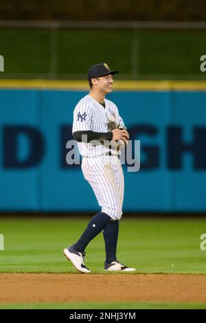 Scranton/Wilkes-Barre RailRiders shortstop Anthony Volpe (7) throws to  first base during an International League baseball game against the Buffalo  Bisons on September 26, 2022 at PNC Field in Moosic, Pennsylvania. (Mike  Janes/Four