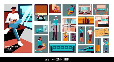 Passenger train flat composition consisting from separate rectangular illustrations of wagons traveling people and staff isolated vector illustration Stock Vector