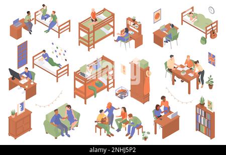 Dormitory room isometric set of studying and resting student characters and furniture items isolated vector illustration Stock Vector