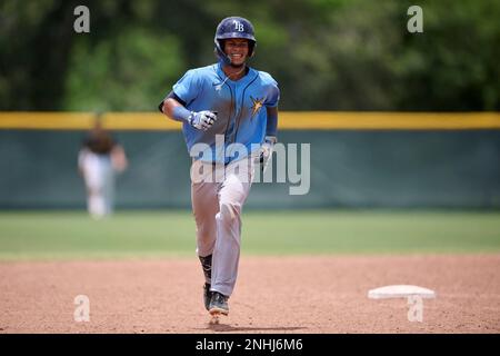 FCL Rays catcher Felix Salguera (86) rounds the bases after hitting a home  run during a Florida Complex League baseball game against the FCL Orioles  on July 14, 2022 at Ed Smith