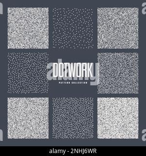 Square shaped dotted objects, stipple elements. Stippling, dotwork drawing, shading using dots. Pixel disintegration, halftone effect. White noise Stock Vector