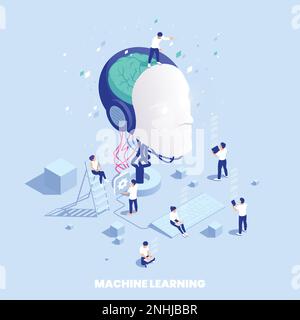 Machine learning deep learning isometric composition with head of mannequin artificial brain and people transferring data vector illustration Stock Vector