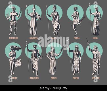 Greek olympian gods and goddesses with their names isolated on color background flat vector illustration Stock Vector