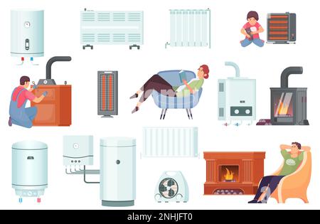 Heating system set with maintenance symbols flat isolated vector illustration Stock Vector