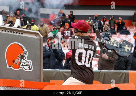 CLEVELAND, OH - DECEMBER 24: Dawg Pound Captain Jake Paul is introduced to  the fans prior to the National Football League game between the New Orleans  Saints and Cleveland Browns on December 24, 2022, at FirstEnergy Stadium in  Cleveland